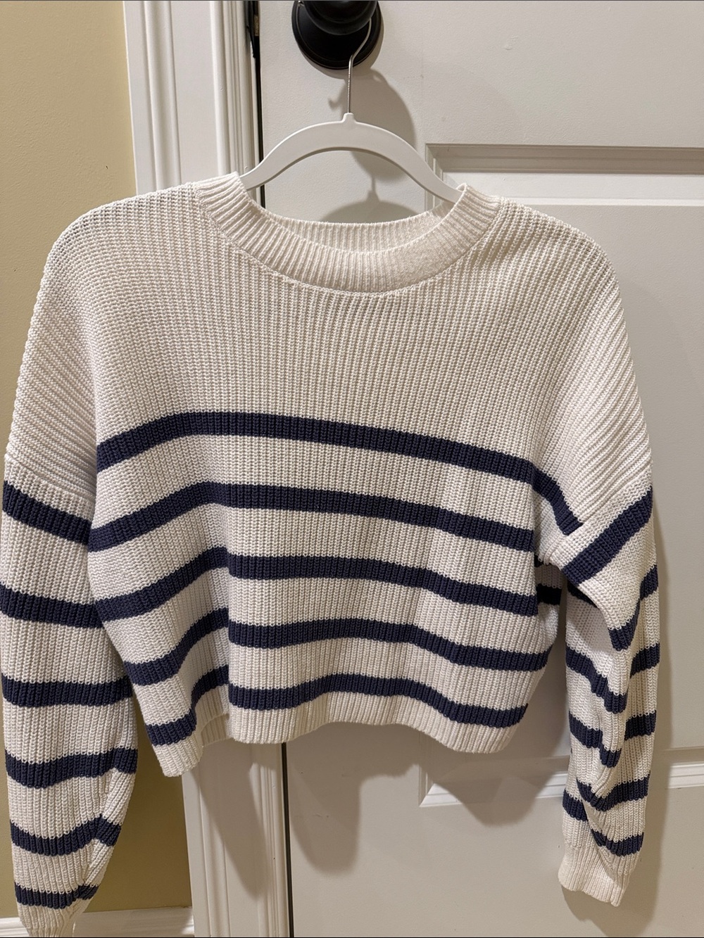 Hollister Cream and Navy Cropped Stripe Crewneck Sweater